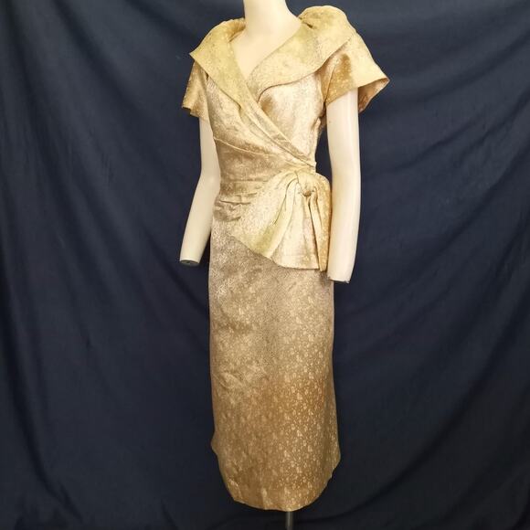 Vintage Couture Gold Brocade Cocktail Dress Cream M Bow Pouf Collar Short Sleeve - Picture 3 of 10